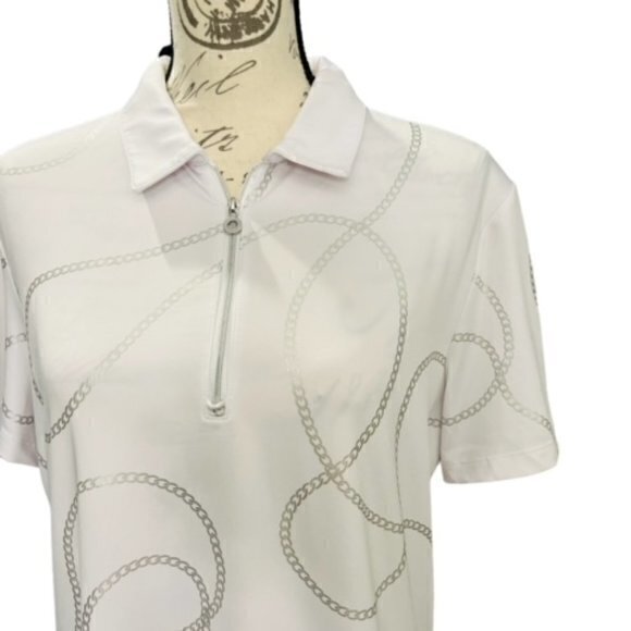 GREG NORMAN PLAY DRY Large Golf Polo Shirt White Silver Chain Link Print Shark - Picture 3 of 14